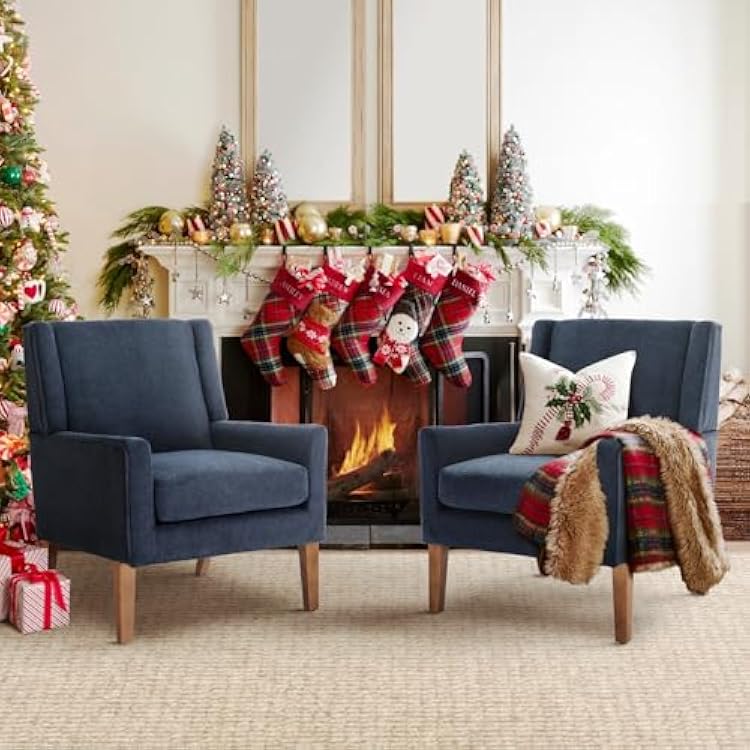 COLAMY Modern Wingback Living Room Chair Set of 2, Upholstered Fabric Accent Armchair, Single Sofa Chair with Lounge Seat and Wood Legs for BedroomOfficeReading Spaces, Blue