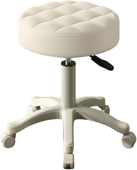 Round Rolling Stool with Wheels | Faux Leather | Height Adjustable Spa Stool | Swivel Drafting Work SPA Salon Bar Cafe Home Office Chair Small | White