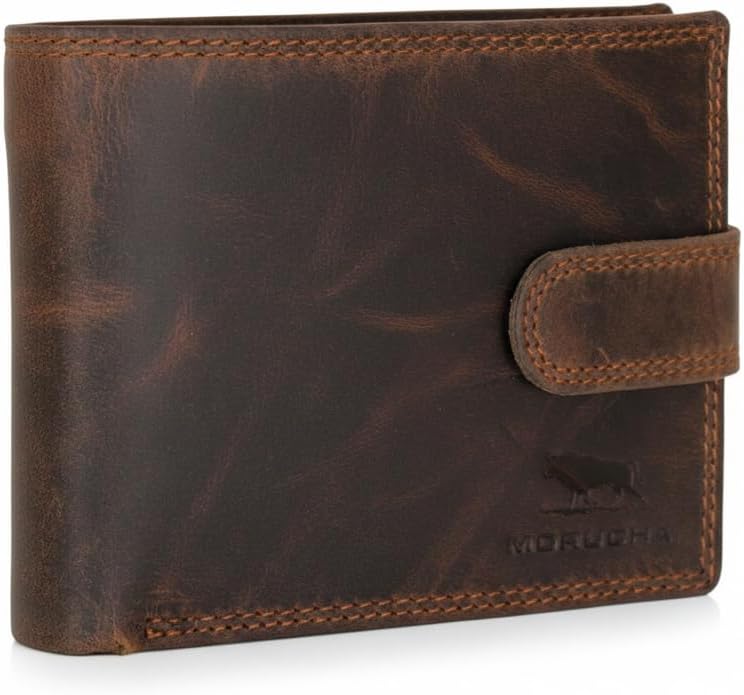 MORUCHA Wallets Men Anti-Theft RFID Blocking Genuine Distressed Hunter Leather Passcase Wallet Money Cards Coin Organiser Purse Gift for Men M80 Dark Brown