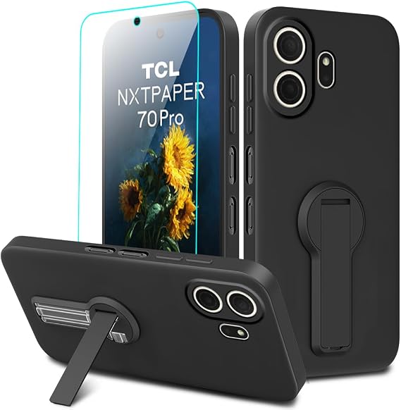 TCL Nxtpaper 70 Pro 携帯電話ケース 強化ガラススクリーンプロテクター付き 360°回転可能 折りたたみ式隠しキックスタンド/スタンド シリコン TPU 保護カバーケース TCL Nxtpaper 70 Pro用 - ブラック