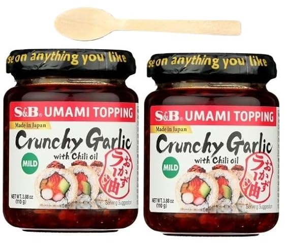 S&B Chili oil with Crunchy Garlic 3.9 oz | Pack of 2 | Plus a Wooden Spoon for Easy Mixing