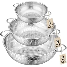 3-Piece Stainless Steel Colander Set with Handles - 5Qt/3Qt/1Qt Nesting Strainers for Pasta, Veggies, Fruit Drainage, Durable Micro-Hole Mesh for Fast Water Flow