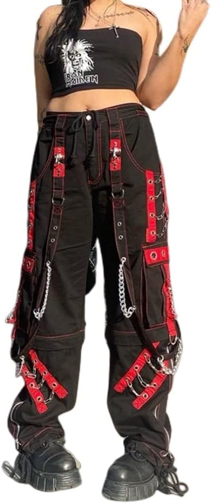 Women Y2K High Waisted Jeans Gothic Baggy Gothic Cargo Jeans Wide Straight Leg Punk Denim Pants Loose Trousers Streetwear