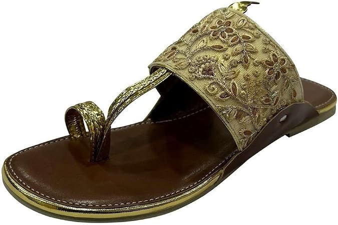 Kolhapuri Chappal レディース インディアンフラットフリップフロップ Kolhapuri サンダル レディース エスニックサンダル, ゴールド, 10