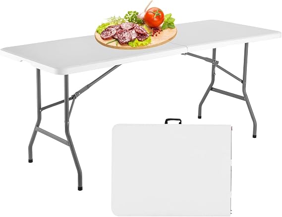 6 Foot Foldable Table, Heavy Duty Portable Rectangular Plastic Folding Table with Built in Carrying Handle for Party Wedding BBQ Display Outdoor Use - White