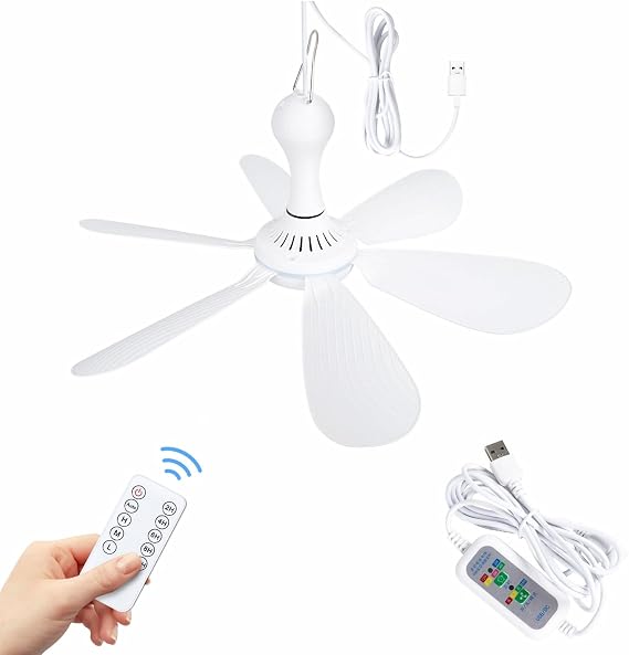 Xindejia USB Powered Small Ceiling Fan 6 Blades Quiet DC 5V USB Hanging Fans for Indoor Outdoor RV Bed Room Dorm Desk Travel Camping Tent Cubicle Mini Portable Canopy Fans - White