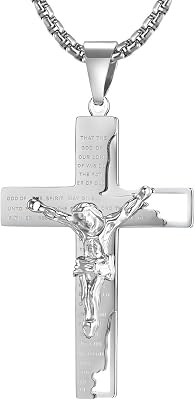 Cross Necklace for Men - 316L Stainless Steel Religious Crucifix Pendant with Adjustable 222 Rolo Chain,SilverBlack Christian Jewelry Gift