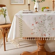 Laolitou Spring Pink Floral Table Cloth Rectangle Table, Embroidery Heavy Duty Cotton Linen Tablecloth, Farmhouse Rustic Waterproof Wrinkle Free Tablecloths with Tassels, Pink Flower, 5590 Inch