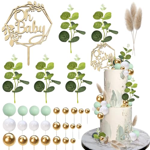 33 PCS Wood Oh Baby Cake Topper Balls Cake Topper Balls Cake Decorations with Artificial Leaves for Baby Shower Newborn Birthday Party Gender Reveal Decorations Cake Party Supplies