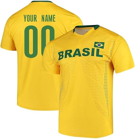 Custom Brazil Jersey Short Sleeve Tee - Adult and Youth (US, Numeric, 8, Regular, Regular, Yellow)
