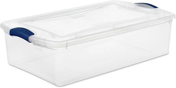32 Quart Clear Plastic Storage Bin with Blue Latching Lid, Secure Stackable Latch Box for Home Organization