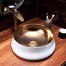 Bathroom Bar Vanity Vessel Sinks Above Counter 11.7"" Porcelain Vessel Sink Wash Basin, Bathroom Round Vessel Sinks, Above Counter White Gold Countertop Ceramic Bowl Sinks, XRKJBZ32024320