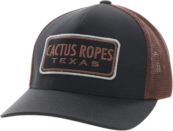 HOOEY Cactus Ropes Flexfit Mesh Back Trucker Hat (Large/X-Large, Black/Brown)