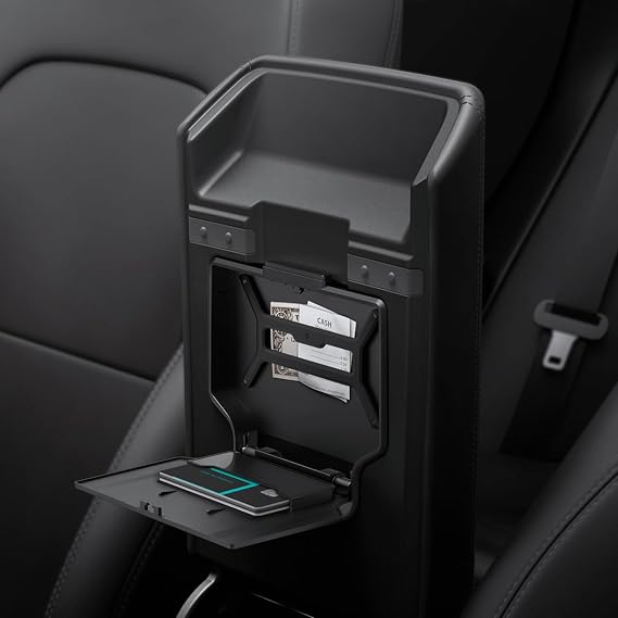 Spigen Tesla Model Y Juniper 2025-2026 and Model 3 Highland 2024-2026 Centre Console Hidden Storage Box, Tap Technology, Centre Console Armrest Organiser Designed for Tesla Accessories - Carbon