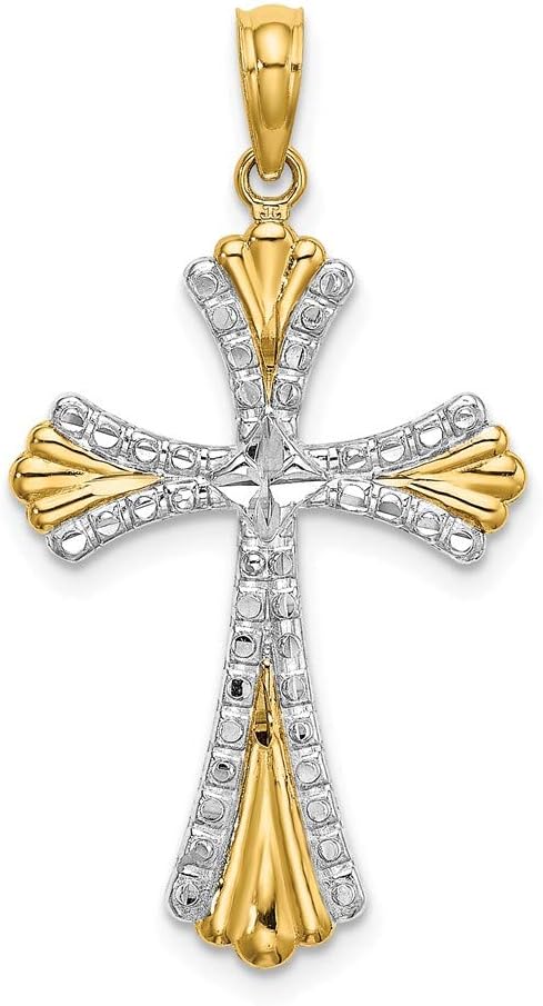 14K White and Yellow Two Tone Gold Diamond-cut Reversible Cross Fan Tip Pendant