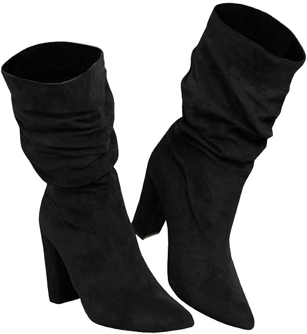 Womens Slouchy Block High Heel Boots Winter Pointed Toe Slip on Mid Calf Suede Boots Black