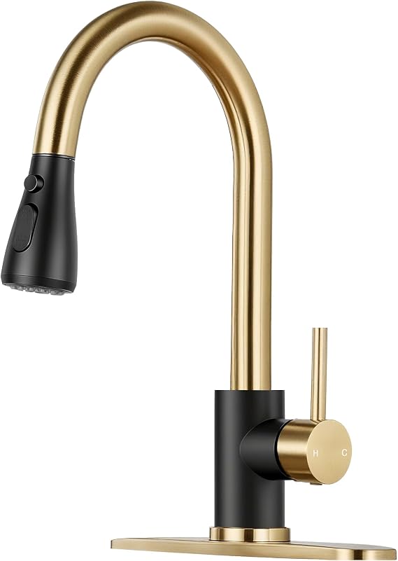 Gold & Black Kitchen Faucet with Pull Down Sprayer and Deck Plate