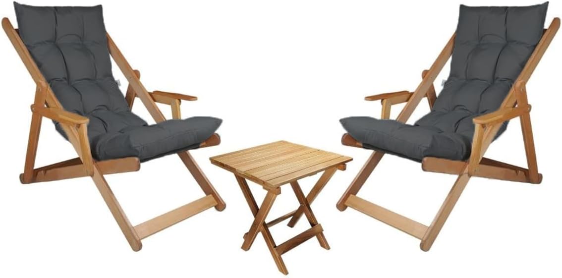 Bysay Ahşap Katlanabilir Taşinir Puf Minderli Kollu Şezlong Plaj Bahçe Teras Balkon Sandalyesi Koltuğu Takımı 3 Lü Set (antrasi̇t)