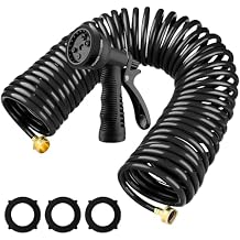 Pangda 25 Ft x 3/8'' Coil Garden Hose EVA Recoil Garden Self Coiling Expanding Water Hose with 6 Function Spray Nozzle Universal 3/4'' Brass Connector Fitting for Outdoor Yard(Black)
