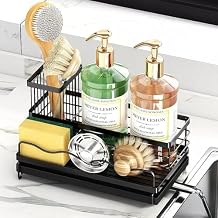 KINGBERW Large Sponge Holder for Kitchen Sink, Auto Draining Sponge Sink Caddy Organizer with Brush Holder, Kitchen Countertop Organizers and Storage Essentials, Black