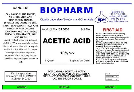 Biopharm Acetic Acid Solution 10% (v/v), 1 Quart (950 mL).