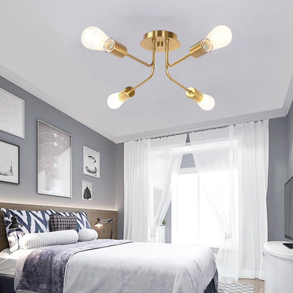 Chandelier Ceiling Light, Modern Chandelier, E27 Base Industrial Ceiling Pendant Light for Bedroom Living Room Kitchen Farmhouse Art Exhibition Hall Gold, 4xFlaming [Energy Class E]