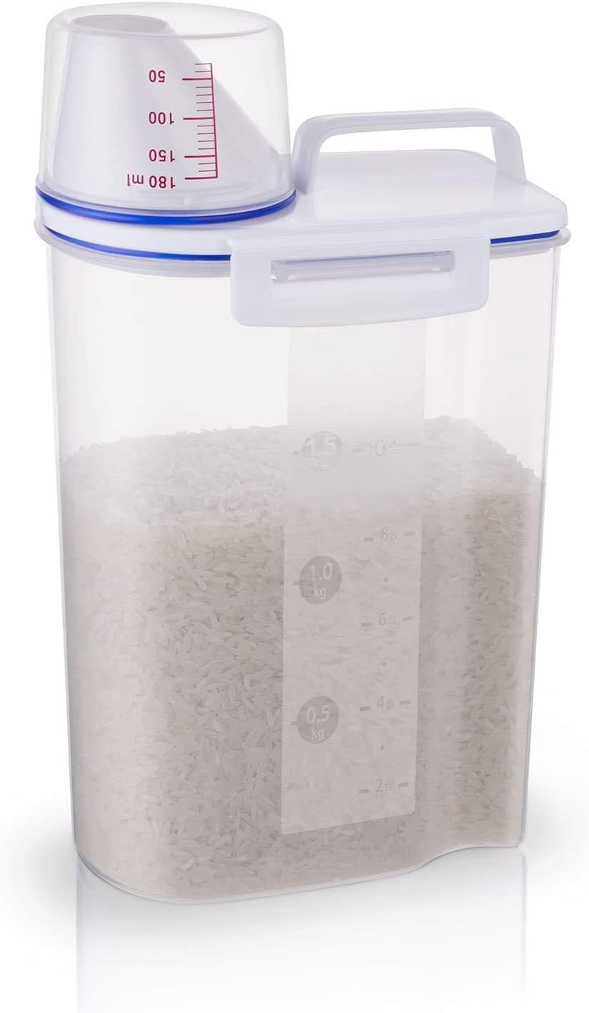TBMax Small Rice Storage Container 2KG - Airtight Food Storage Container with Measuring Cup, BPA Free Plastic Portable Cereal Container for Kitchen - Storage Bin for Beans, Flour, Pet Food