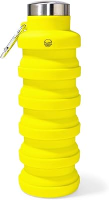 Mayim Collapsible Carabineer Water Bottle, Reuseable Leakproof BPA Free Silicone Foldable Water Bottles for Travel Gym Camping Hiking Running Cycling & More, 500ml Neon Yellow