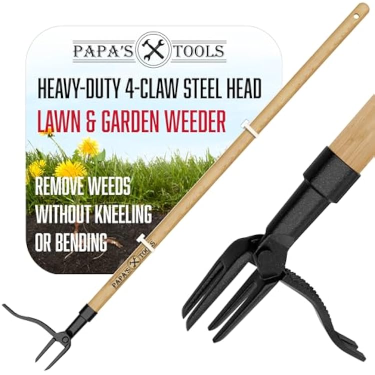 Papas Tools Weeder - Stand Up Weed Puller Tool Made with Long Wooden Handle - Real Bamboo & 4-Claw Steel Head - Easily Remove Weeds Effortlessly Without The Need to Tug, Bend, Or Flex,