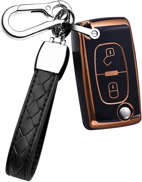 Key Fob Cover for Peugeot 206 207 307 308 407 607 for Citroen C3 C4 C4L C5 C6 with Keychains Soft TPU Car Key Shell Car Accessories for Peugeot Flip 2 Buttons Key-Black