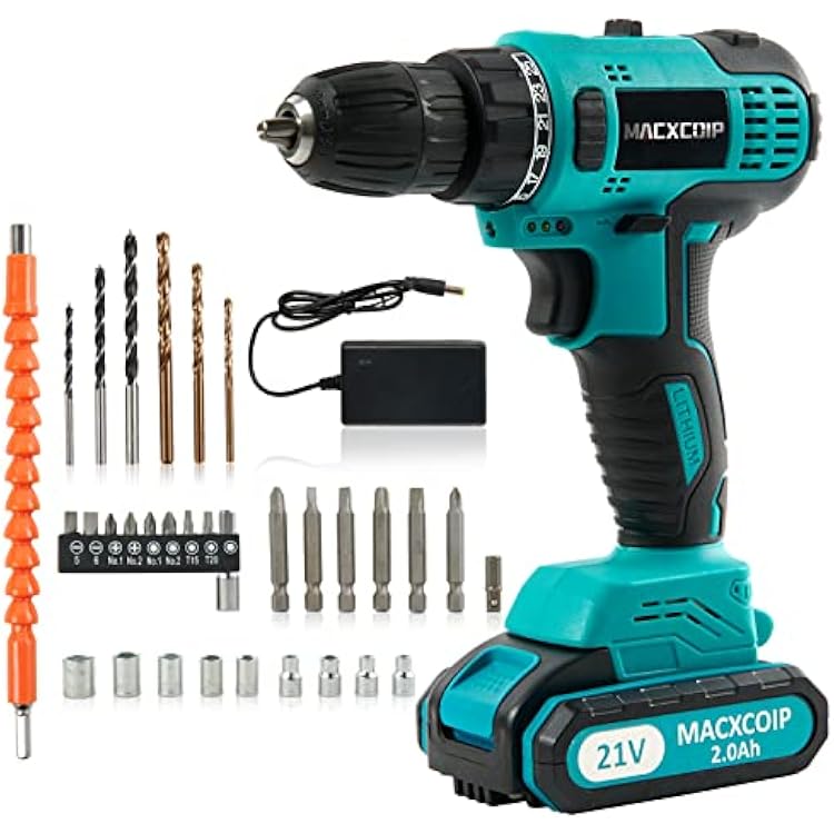 Brushless Cordless Drill, 21V Electric Power Drill Driver with 38 Keyless Chuck, 300 In-lb Torque, 2 Variable Speeds, 251 Adjustable Clutch, 33pcs Accessories with Battery & Charger