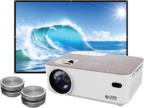 Home Theater Bundle with Projector, 120" Screen, and Two Mini Bluetooth Wireless Bone Conduction Instant Speakers, White