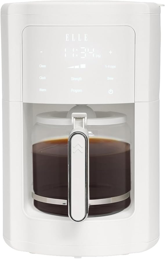 ELLE 1.8L Digital Coffee Maker with Smart Touch Display Brew Strength Selection Programmable Washable Filter 12 to 14 Cup Capacity Automatic Shut Off 1000W White