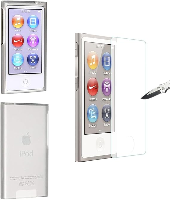 9H Ultra-Thin Screen Protector Tempered Glass for iPod Nano 7 8 8th 8G LCD Screen Guard Film,Shockproof and Scratch-Resistant (Clear case+Glass)