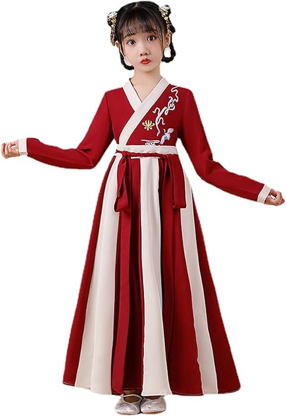 AINIFU Fairy Hanfu Dresses Chinese Style Princess Dresses Long-Sleeve Red Performance Costumes with Belt for Girl 4-16 Years