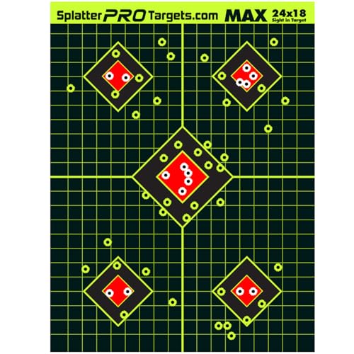 18x24 Extra Large Splatter Targets. Two Color Splatter to Easily See Your Shots! Bright Fluorescent Yellow and White Splatter. Fully Reactive Targets. See Your Hits and Your Misses!