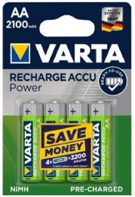 VARTA AA Batteries, Rechargeable, 4 Pieces, Power On Demand Rechargeable Battery, 2100 mAh Ni-MH, No Memory Effect, Pre-Charged, Eco-Friendly Packaged