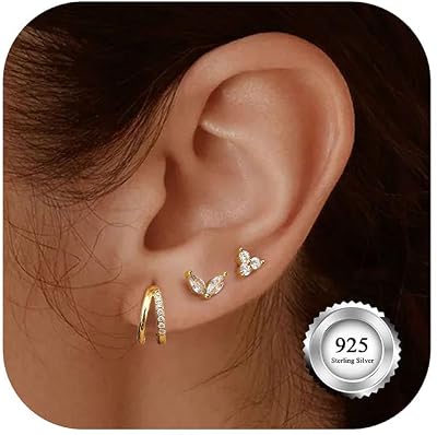 Dochais Small Gold Huggies Hoop Earrings Dainty Gold Earrings Set For Women, Gold Dangle Earrings Set, 925 Sterling Silver Earrings, Small Studs Earring Set, 14K Gold Plated Cartilage Earrings, Hypoallergenic Gold Earrings Drop Earrings