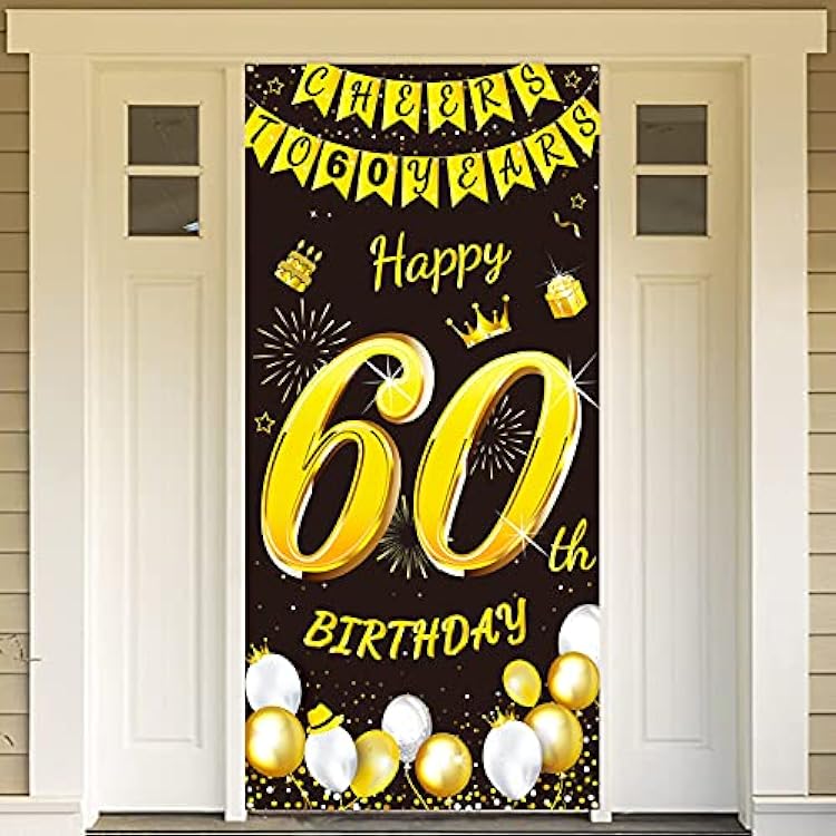 DPKOW Black Gold 60th Birthday Decoration for Man Woman, Black Gold Happy 60th Birthday Door Banner Backdrop Decoration Supplies, 72.8 x 35.4 inch
