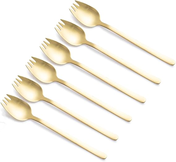 Zerophile 7.4-Inch Long Handle Salad Servers, 6-Pack Gold Sporks & Salad Forks, Stainless Steel Utensils for Tossed Salads, Fruit, Dessert