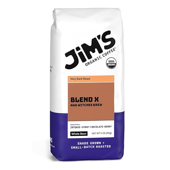 Jims Organic Coffee Blend X AKA Witches Brew: Whole Bean Very Dark Roast (11oz) -100% Arabica Coffee Beans - USDA Certified Organic Kosher Regeneratively Grown - Ethically Sourced