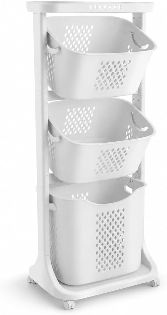 3 Tier Laundry Basket, Stackable Rolling Laundry Sorte Multi-functional Clothes Washing Storage Hamper Bin with Wheels for Bathroom, Household Kitchen (White)