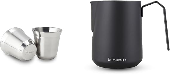 Easyworkz Stainless Steel Espresso Cup 2pcs Set Double Wall 2.5 oz, Bundled Espresso Steaming Pitcher Stainless Steel 20 oz Latte Art Cup, Black