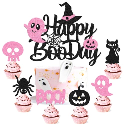 Happy Boo Day Cake Decoration - Halloween Cupcake Topper - Party Decoration - Ghost, Bats, Spider, Cat, Pumpkin, Skull, Witches Theme - Birthday Party Supplies - Glitter Pink, Black