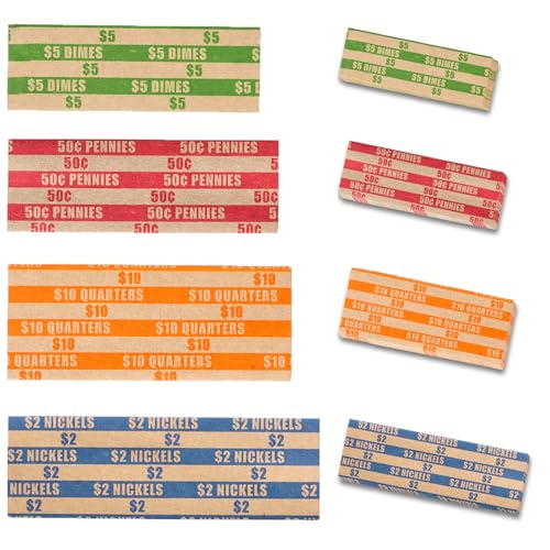 Coin Wrappers Assorted 1000 PCS Flat Coin Rolls Wrappers Including 300 Quarter Wrappers, 300 Penny Wrappers, 200 Dime Wrappers, 200 Nickel Wrappers
