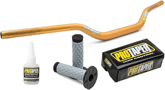 Pro Taper 2804D GOLD Gold CR Mid Contour handlebars & 024858 Black Pillow Top Grips with TY-5AN Grip Glue