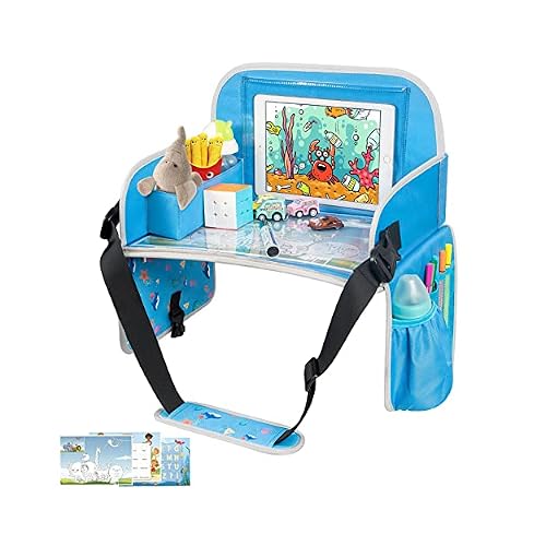 MENZOKE Kids Travel Tray, Car Seat Tray for Kids Travel, Toddler Essentials Girls with Tablet Holder, Road Trip Essentials with Cooler Cup Holder, Dry Erase Board & Storage Pocket for Airplane, Blue