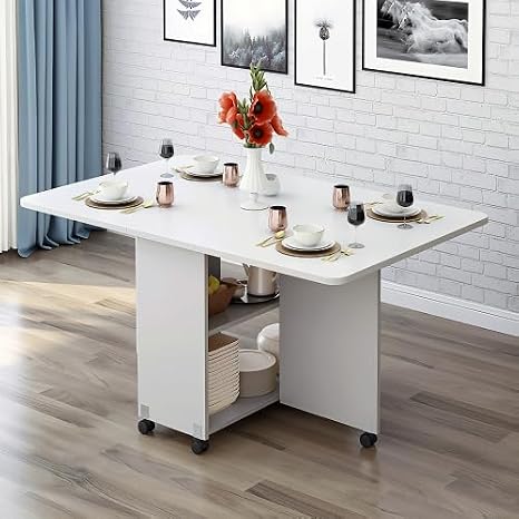 Folding Drop Leaf Dining Table with 6 Wheels and 2-Layer Storage Shelf, Space Saving Table for Small Spaces (White, 47.2 inch D x 23.6 inch W x 30.3 inch H)