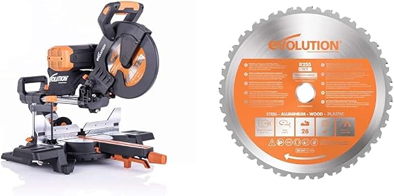 Evolution R255SMS-DB+ 10" Dual Bevel Sliding Miter Saw Bundle With RAGE255 Multi-Purpose Cutting Blade