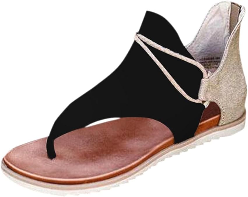 Sandals for Women Fashion Roman Open Toe Low Wedge Floral Sandals with Back Zipper Summer Beach Dressy Open Toe Thong Flip Flops Beach Gladiator Flat Sandal